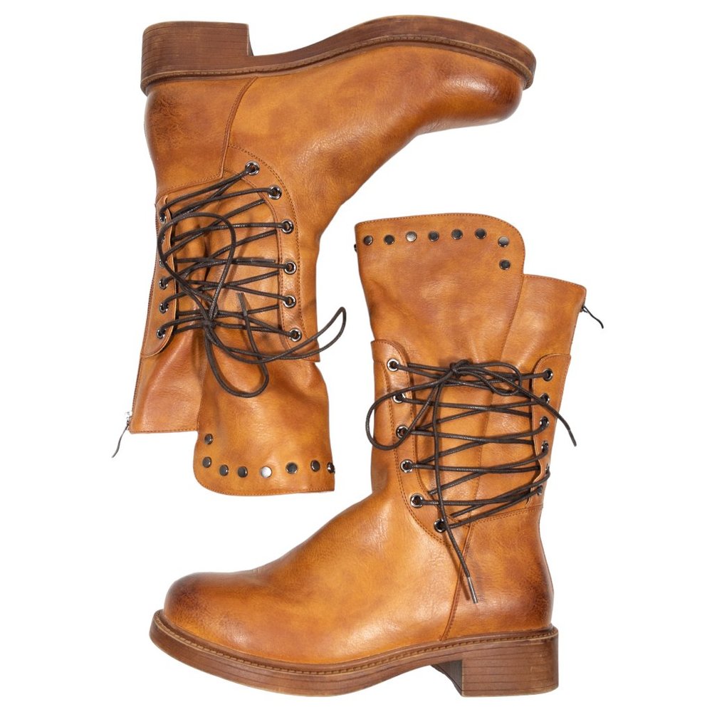 Tan Studded Distressed Lace Up Mid Calf Full Zip Boots Womens 7 EU 37